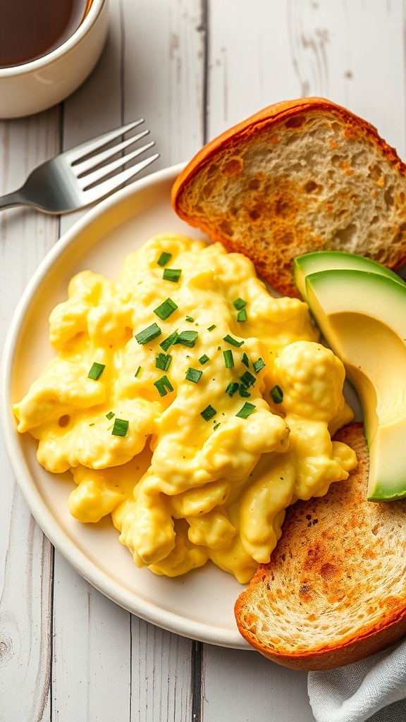 Fluffy scrambled eggs on a plate with herbs, toast, and avocado on a wooden table.